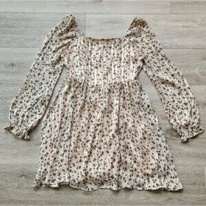 Altar'd State Dress Womens Small Floral Tan Cream Long Sleeves Bohemian